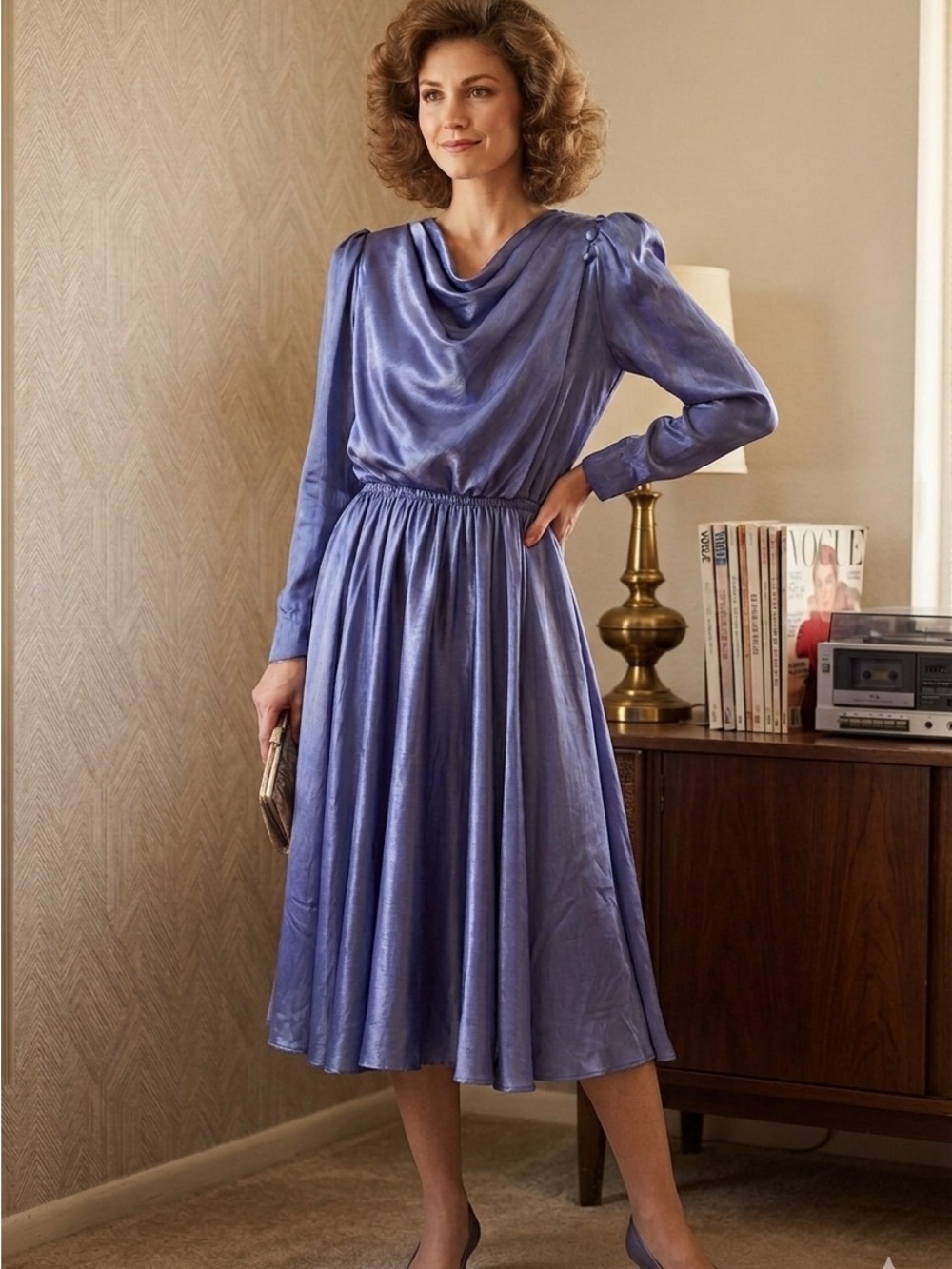 Vintage 80s Blue Metallic Satin Midi Dress Medium Long Sleeve Cowl Neck Elegant